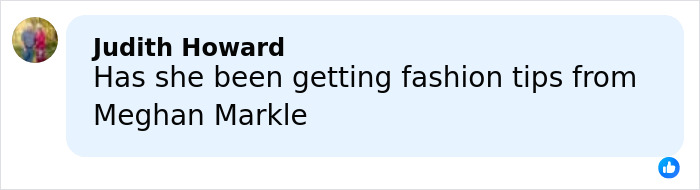 Comment by Judith Howard asking if she has been getting fashion tips from Meghan Markle, displayed on a social media post.