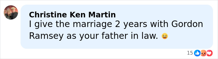 Comment on a social media post about Gordon Ramsay's family, mentioning marriage and featuring a casual profile photo.