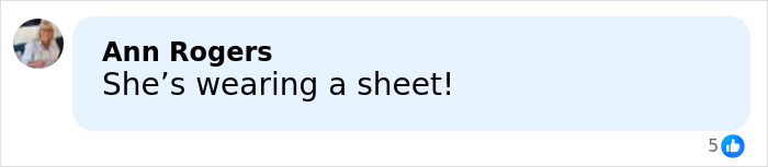 Comment saying she's wearing a satin bed sheet, reacting humorously to a wedding dress in an online discussion.