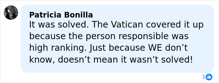Comment by Patricia Bonilla discussing the Vatican girl cold case and claims of a cover-up by high-ranking officials.