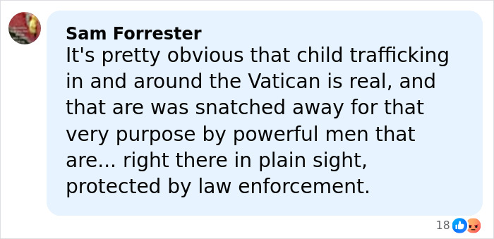 Comment by Sam Forrester discussing child trafficking in and around the Vatican and its connection to a decades-old cold case.