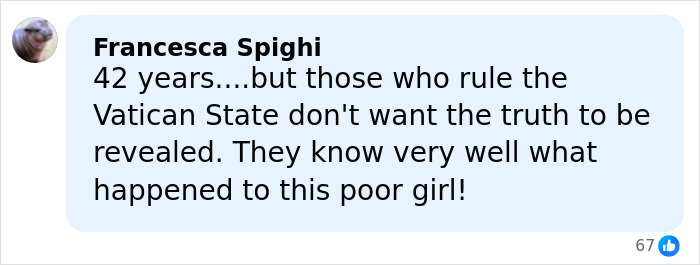 Comment by Francesca Spighi discussing the decades-old cold case of the Vatican girl who vanished 42 years ago.