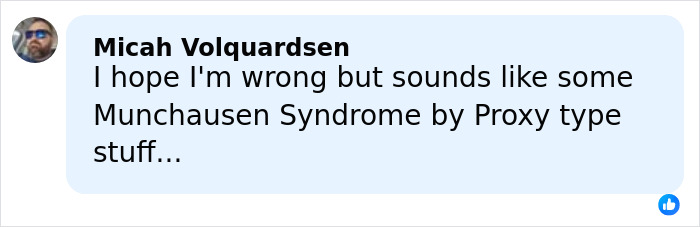 Comment by Micah Volquardsen expressing concern about possible Munchausen Syndrome by Proxy in a social media post.