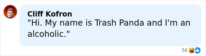 Comment from Cliff Kofron humorously referencing a raccoon raid at a liquor store and its aftermath.