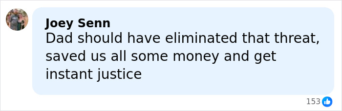 Comment by Joey Senn discussing instant justice and saving money, related to heroic Texas dad rescuing kidnapped daughter.