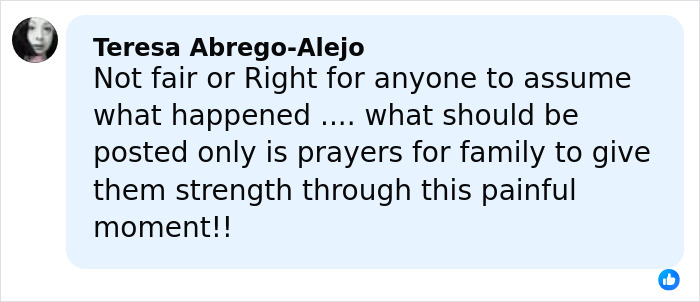 Comment by Teresa Abrego-Alejo expressing that only prayers for the family should be posted during painful moments.