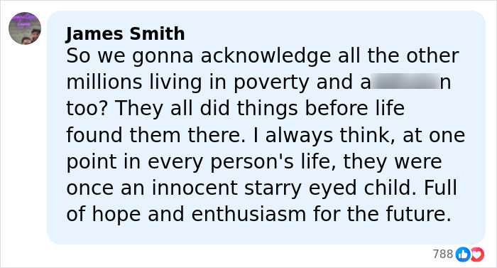 Comment by James Smith discussing poverty and hope, reflecting on the heartbreaking struggle with homelessness.