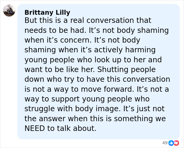 Comment from a family member addressing Ariana Grande's struggles and the impact on young people&rsquo;s body image.
