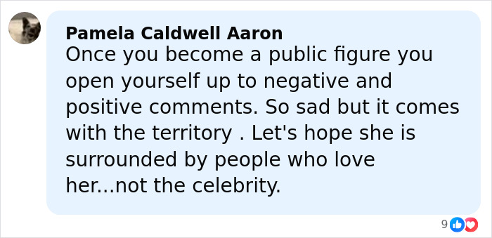 Comment by Pamela Caldwell Aaron expressing concern about Ariana Grande's struggles and public scrutiny faced by celebrities.