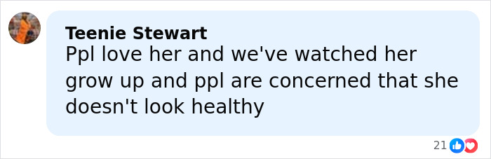 Comment from Teenie Stewart expressing concern about Ariana Grande not being in a healthy place and her struggles.