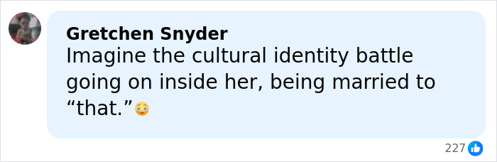 Comment by Gretchen Snyder reflecting on cultural identity struggles in marriage amid public speculation on JD Vance and Usha.