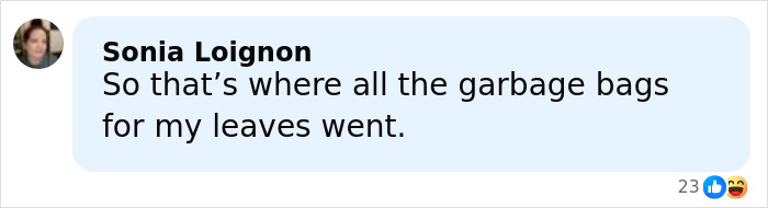 Sonia Loignon commenting humorously about missing garbage bags for her leaves in a social media post.