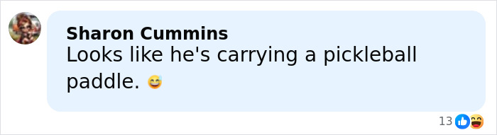 Comment by Sharon Cummins about Timoth&eacute;e Chalamet&rsquo;s red carpet look, mentioning a pickleball paddle humorously.