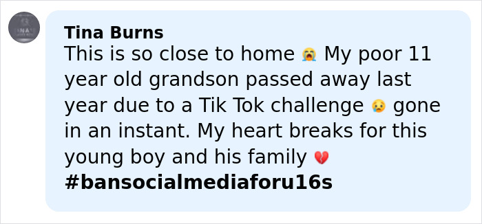 Facebook comment by Tina Burns expressing grief over her 11-year-old grandson&rsquo;s death linked to a TikTok challenge.