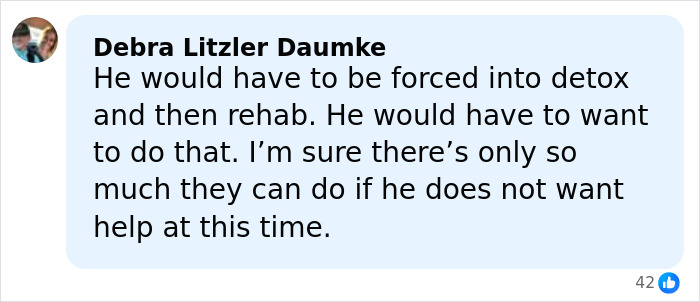 Comment from Debra Litzler Daumke discussing forced detox and rehab related to Tylor Chase&rsquo;s hospitalization and challenges with seeking help.