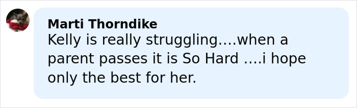 Comment from Marti Thorndike expressing concern about Kelly's struggles and hopes for her wellbeing during a hard time. Comment from Marti Thorndike expressing concern about Kelly's struggles and hopes for her wellbeing during a hard time.