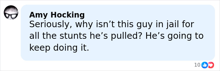 Comment by Amy Hocking expressing concern about a man&rsquo;s repeated stunts and jail time related to Ariana Grande incident.