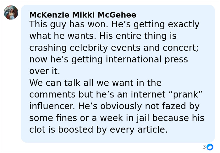 Comment discussing a man jailed for attacking Ariana Grande and causing trouble at a Lady Gaga concert.