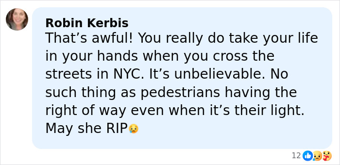 Comment by Robin Kerbis expressing sadness over a Marvelous Mrs. Maisel actress losing her life while crossing the street in NYC.
