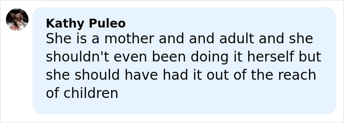 Comment from Kathy Puleo discussing responsibility after kids eat gummies and mom calls 911, sparking internet debate.