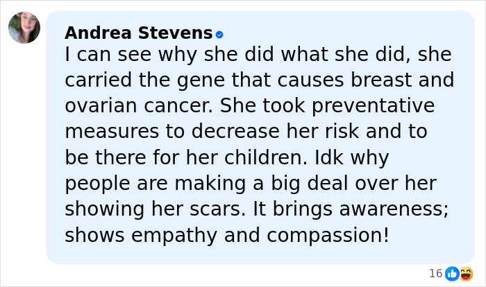 Comment from Andrea Stevens defending Angelina Jolie&rsquo;s decision to reveal mastectomy scars and raise awareness about cancer risks.