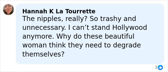 Comment criticizing Kate Hudson's dress detail, expressing frustration with Hollywood trends and self-degradation. Comment criticizing Kate Hudson's dress detail, expressing frustration with Hollywood trends and self-degradation.