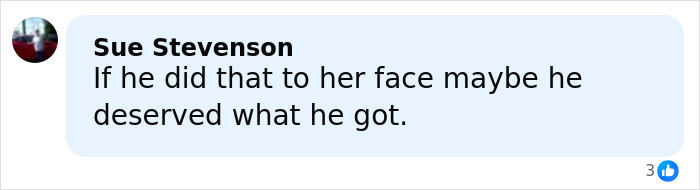 Facebook comment by Sue Stevenson expressing opinion on a violent incident involving a sleeping boyfriend.