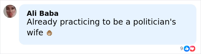 Comment praising someone for practicing to be a politician's wife in a social media post. Comment praising someone for practicing to be a politician's wife in a social media post.