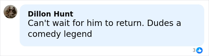 Comment by Dillon Hunt expressing excitement for James Franco's return and calling him a comedy legend on social media. Comment by Dillon Hunt expressing excitement for James Franco's return and calling him a comedy legend on social media.