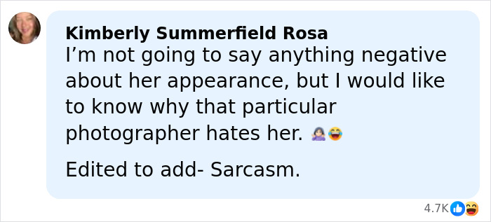 Comment from Kimberly Summerfield Rosa defending Karoline Leavitt's appearance and questioning the photographer's intent.