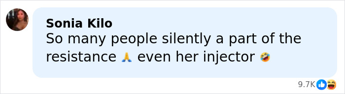 Comment by Sonia Kilo discussing resistance and lip filler marks in an online thread about Karoline Leavitt's close-up photo.