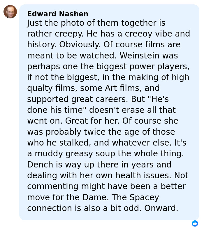 Comment discussing Judi Dench’s controversial defense of Harvey Weinstein and the public outrage it sparked online. Comment discussing Judi Dench’s controversial defense of Harvey Weinstein and the public outrage it sparked online.