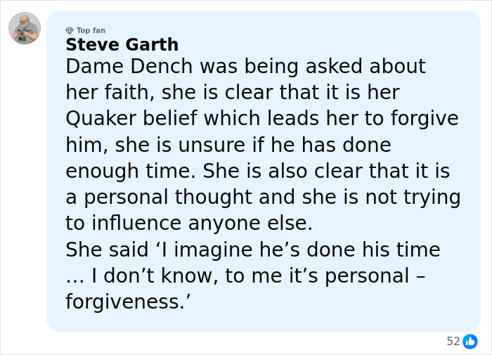 Comment explaining Dame Judi Dench’s words in defense of Harvey Weinstein and public outrage reaction. Comment explaining Dame Judi Dench’s words in defense of Harvey Weinstein and public outrage reaction.