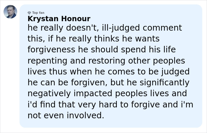 Comment from Krystan Honour expressing disagreement with ill-judged comment on Harvey Weinstein forgiveness debate. Comment from Krystan Honour expressing disagreement with ill-judged comment on Harvey Weinstein forgiveness debate.