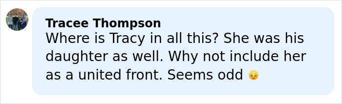 Comment from Tracee Thompson questioning the exclusion of Tracy in Rob Reiner’s children Jake and Romy breaking silence. Comment from Tracee Thompson questioning the exclusion of Tracy in Rob Reiner’s children Jake and Romy breaking silence.