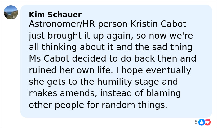 Comment from Kim Schauer discussing HR exec Kristin Cabot and her controversial past actions and humility stage.