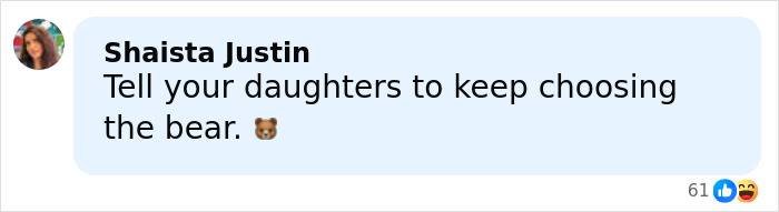 Social media comment from Shaista Justin advising daughters to keep choosing the bear emoji in a discussion about accused teens luring daughter.
