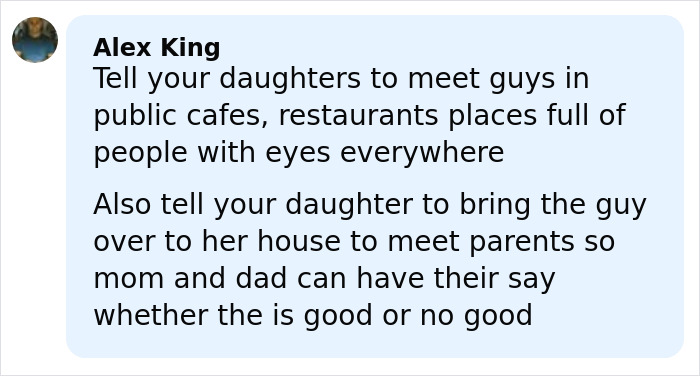 Comment advising daughters to meet guys in public places as a tactic to avoid being lured by accused teens before an attack