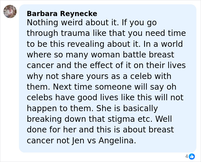 Comment supporting Angelina Jolie for revealing mastectomy scars and breaking breast cancer stigma in a social media post.