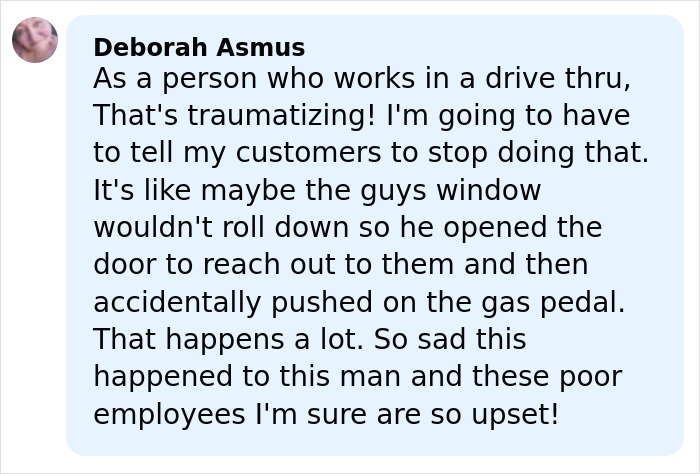 Customer comment highlighting trauma in McDonald&rsquo;s drive-thru accident where man lost life in freak incident.