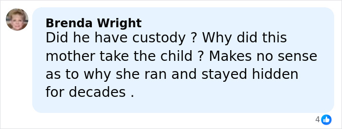 Comment from Brenda Wright questioning custody in the child kidnapped from Kentucky case found alive decades later. Comment from Brenda Wright questioning custody in the child kidnapped from Kentucky case found alive decades later.