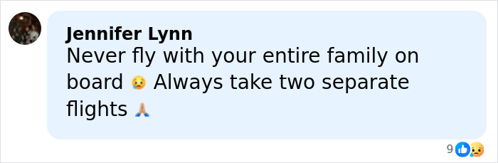 Comment from Jennifer Lynn warning about flying with entire family before a plane crash, relating to Greg Biffle's wife text.