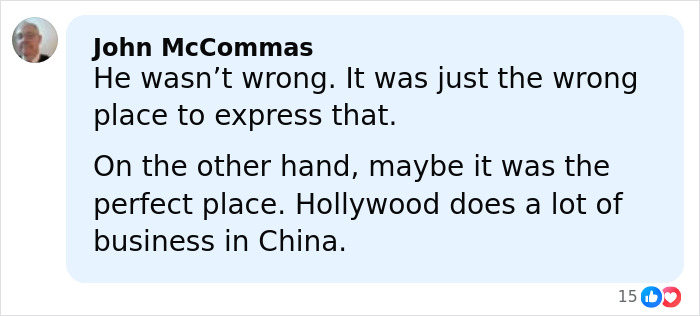 User comment about Hollywood and China on a social media post discussing Richard Gere banned from Oscars for two decades.