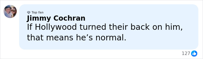 Comment from top fan Jimmy Cochran discussing Hollywood turning its back on Richard Gere, implying he&rsquo;s normal.