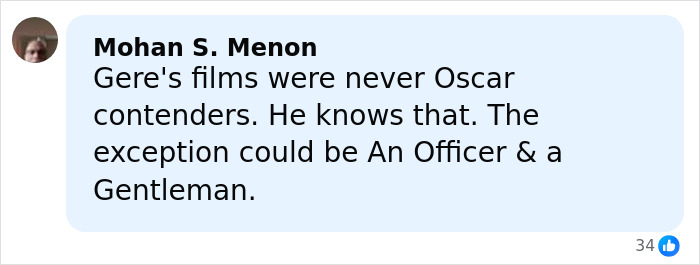 Screenshot of a comment discussing Richard Gere and his history with the Oscars and film recognition.