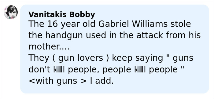 Comment discussing a teen boy involved in an attack and mentioning guns in relation to violence and revenge motives.