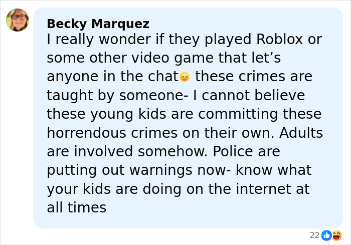 Comment by Becky Marquez expressing concern about teen boys setting a 14-year-old girl on fire and the role of adults.