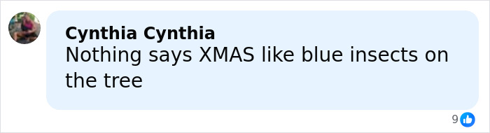Facebook comment from Cynthia Cynthia reacting to Christmas tree decorations mentioning blue insects on the tree.