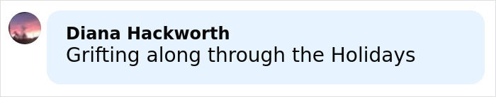 Comment by Diana Hackworth saying Grifting along through the Holidays related to Melania Trump's new Christmas ornament controversy.