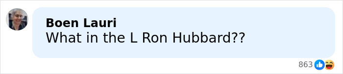 Person named Boen Lauri commenting with text expressing surprise about L Ron Hubbard, displayed in a social media style interface.